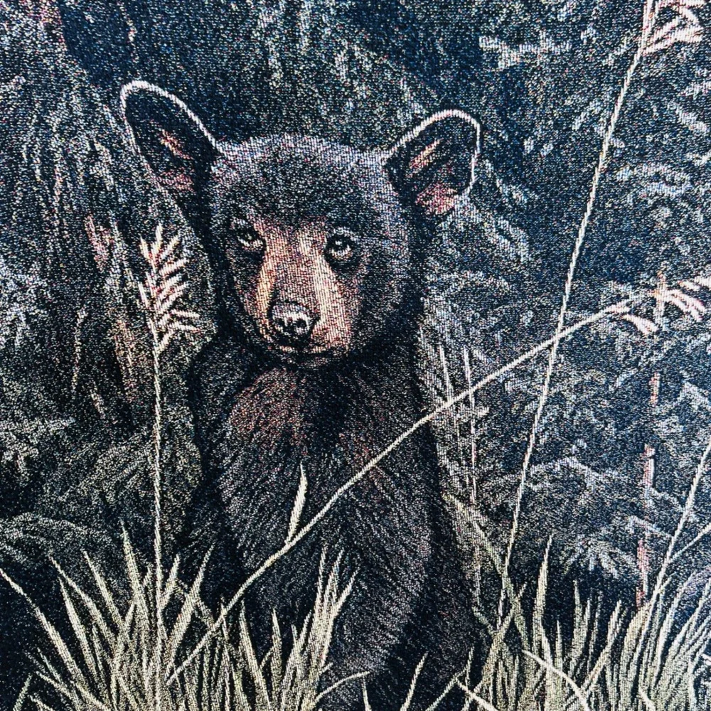 80s R.S. Parker Black Bear Tapestry Blanket 62x49 forest cabin art decor vintage